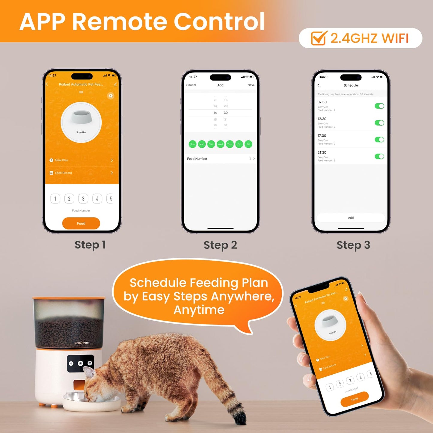 Roilpet Automatic Cat Feeder, 4L WiFi Pet Feeders with APP Control for Remote Feeding, Smart Cat Food Dispenser for Dry Food for Cat&Dog, 10s Voice Recorder, Dual Power Mode, 10 Meals Per Day, White