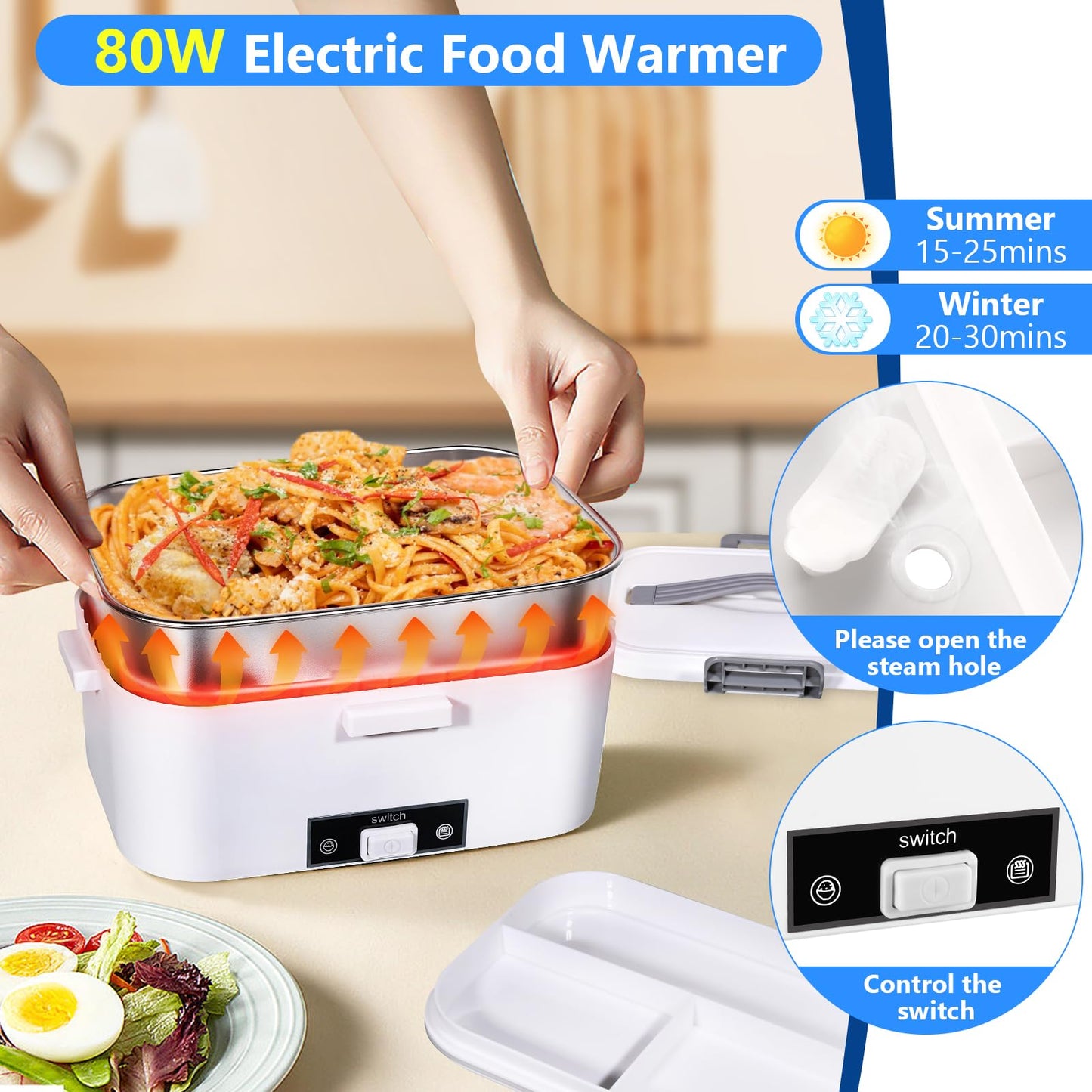 WinGaYe Electric Lunch Box for Adults,80W Faster Food Warmer Portable Food Heater for Work Travle,1.8L Leakproof Self Heating Lunchbox Container with Lid,Quick Heated Loncheras Electricas