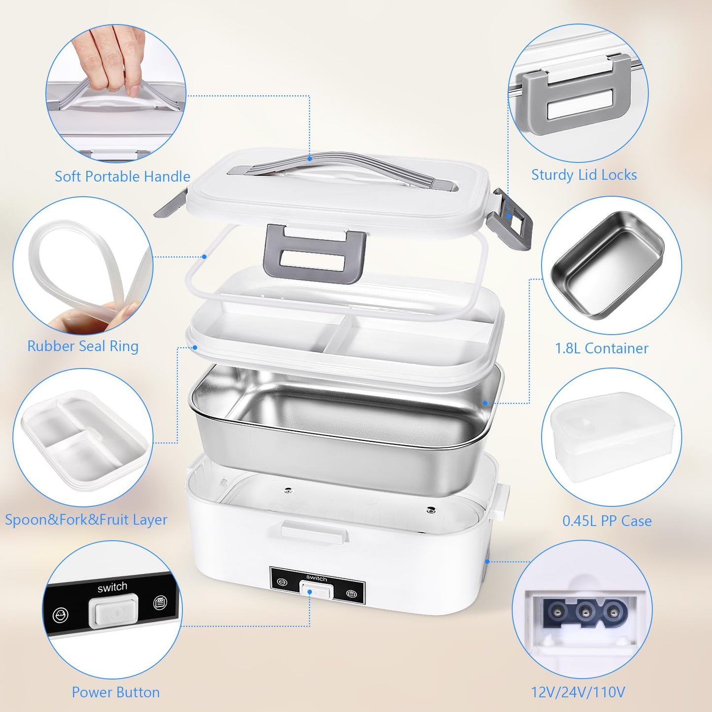 WinGaYe Electric Lunch Box for Adults,80W Faster Food Warmer Portable Food Heater for Work Travle,1.8L Leakproof Self Heating Lunchbox Container with Lid,Quick Heated Loncheras Electricas