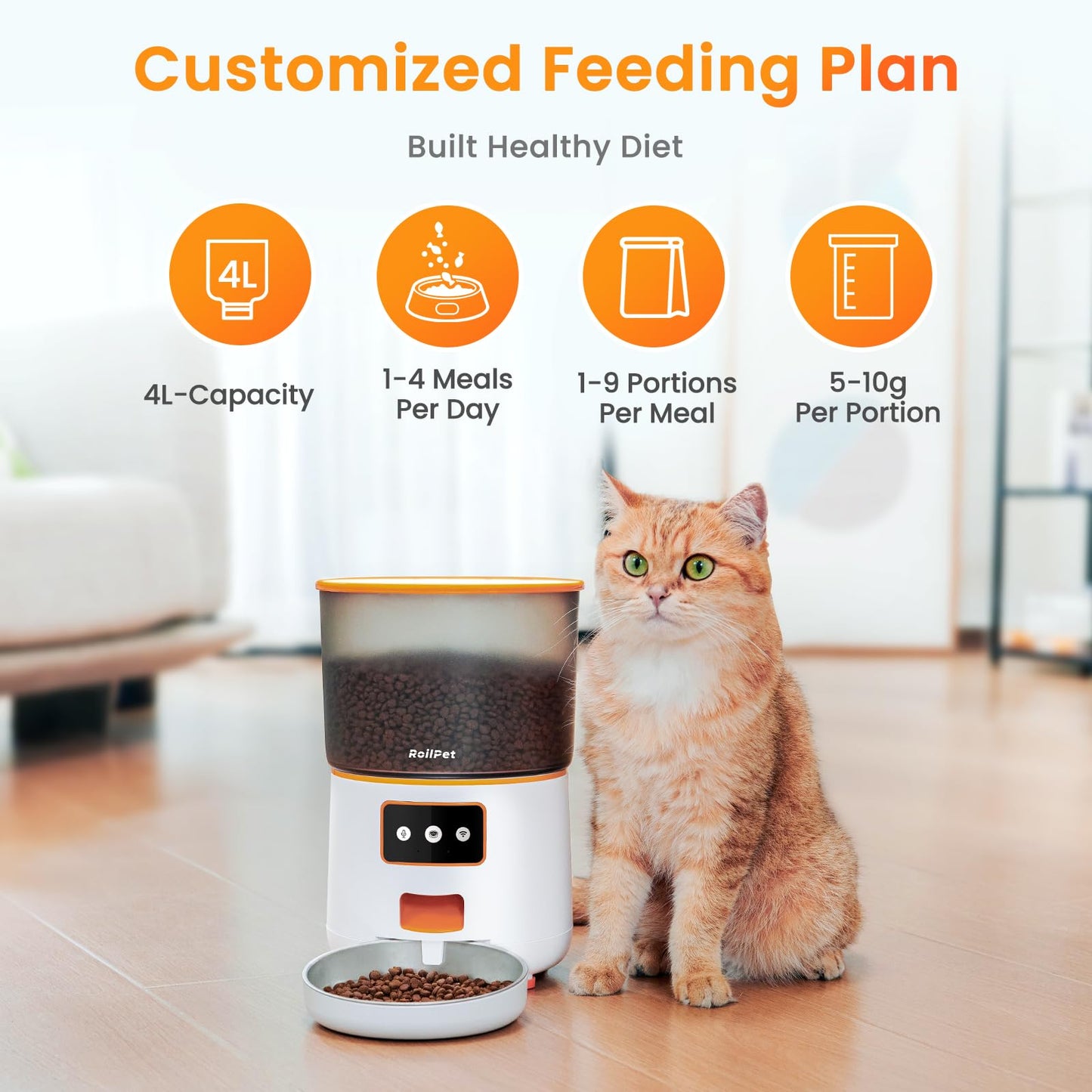 Roilpet Automatic Cat Feeder, 4L WiFi Pet Feeders with APP Control for Remote Feeding, Smart Cat Food Dispenser for Dry Food for Cat&Dog, 10s Voice Recorder, Dual Power Mode, 10 Meals Per Day, White