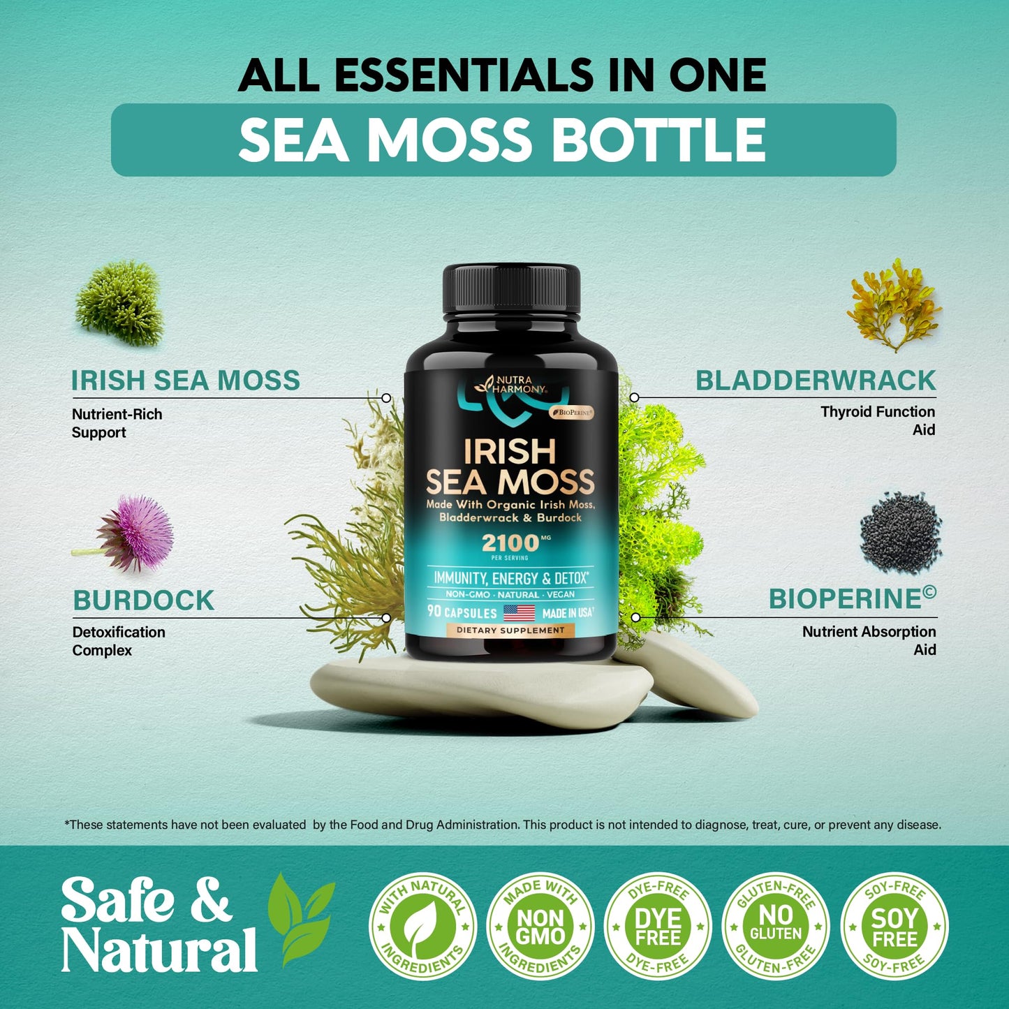 Irish Sea Moss Capsules - Made with Organic Sea Moss, Bladderwrack & Burdock Root