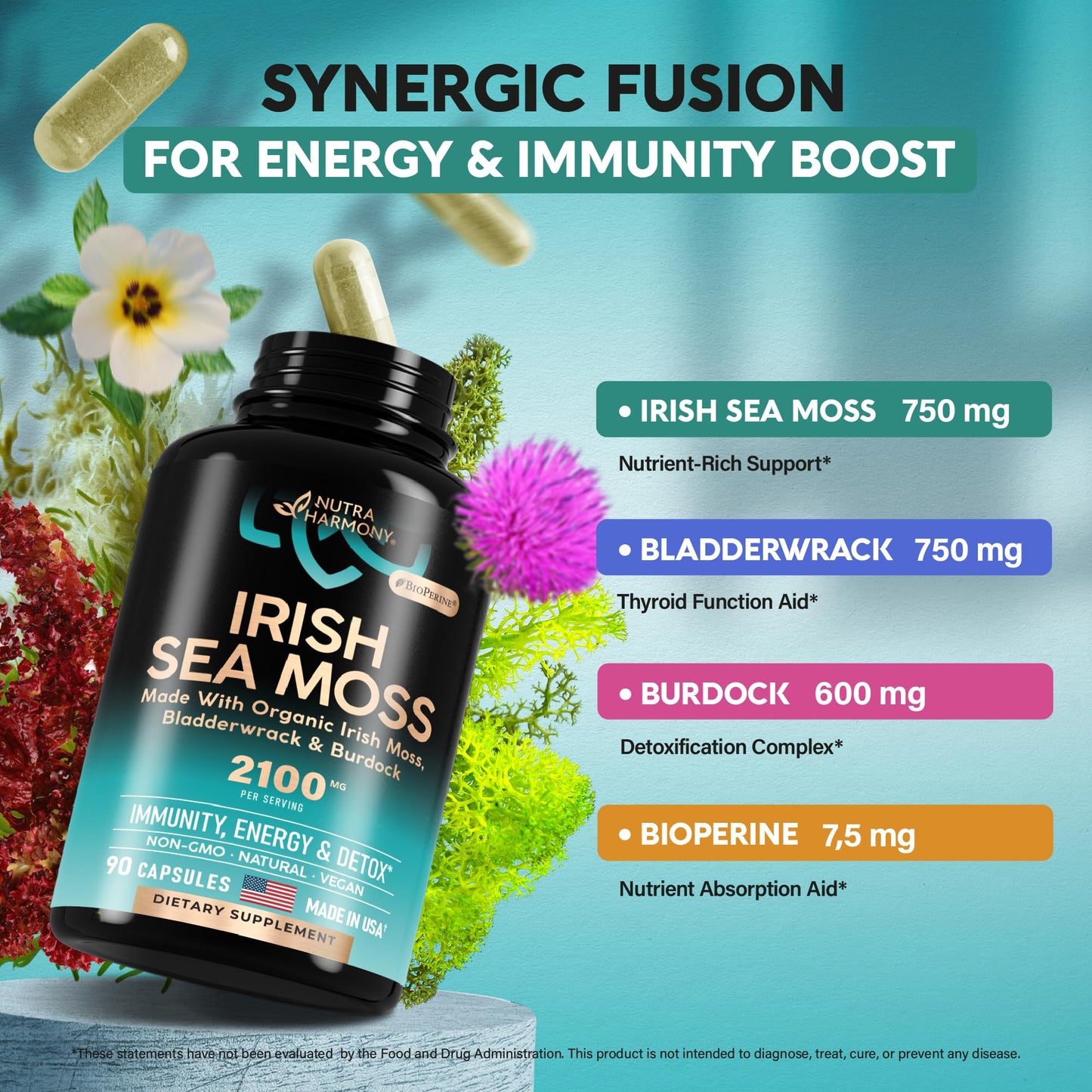 Irish Sea Moss Capsules - Made with Organic Sea Moss, Bladderwrack & Burdock Root